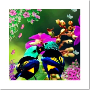 Love Birds  -  Butterflies - Flowers Posters and Art